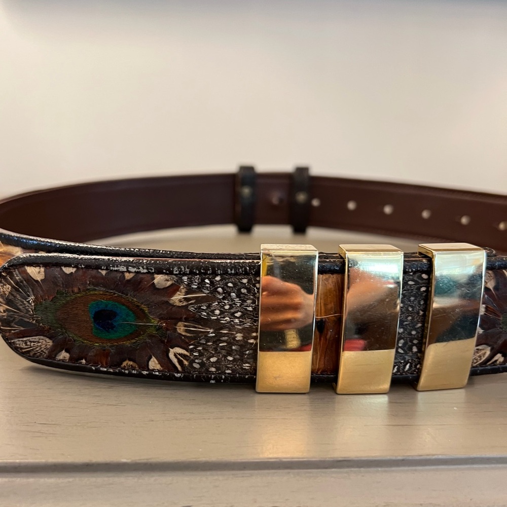 Vintage Guy Laroche Genuine Peacock Feather Belt Gold Hardware 40” Women’s XL